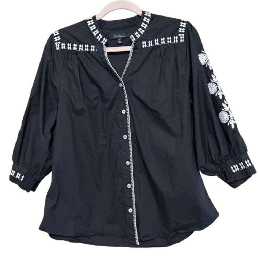 Calessa Button Up Top Womens Large Black White Floral Embroidery Stitch Boho